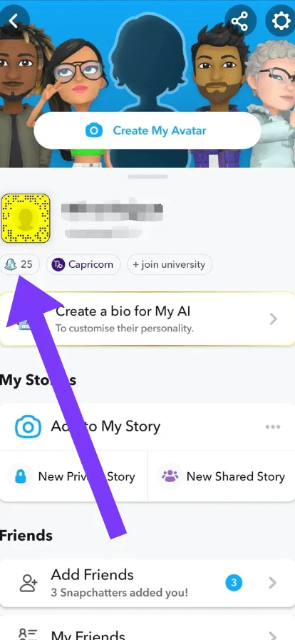 Below your name, there is a snap score