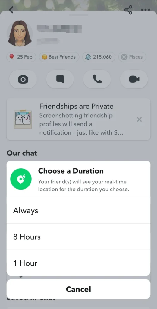 Choose how long you want to share your live location