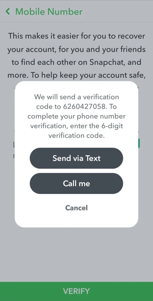 Snapchat will send you a verification code via SMS or WhatsApp.